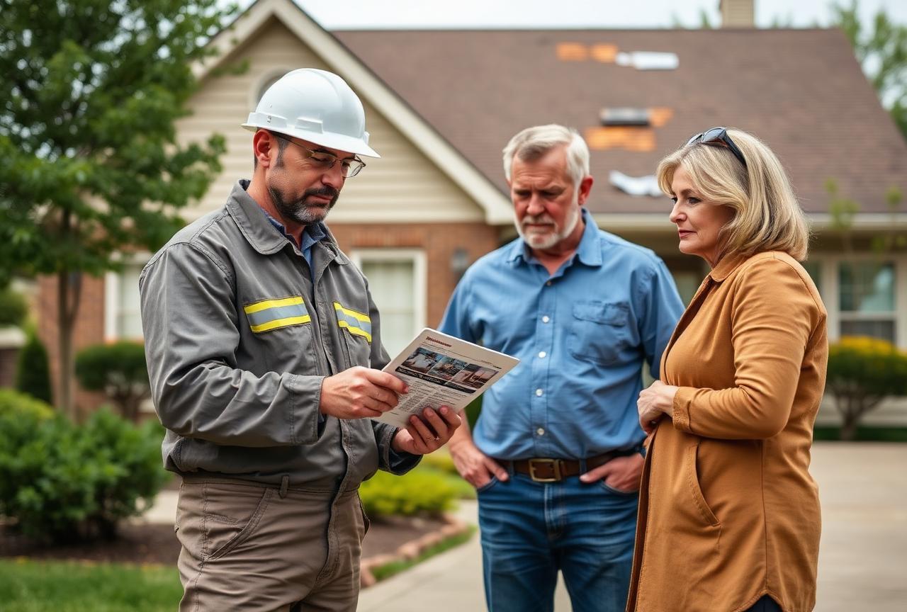 Roofing contractor reviewing an inspection report with homeowners outside their Midwest home